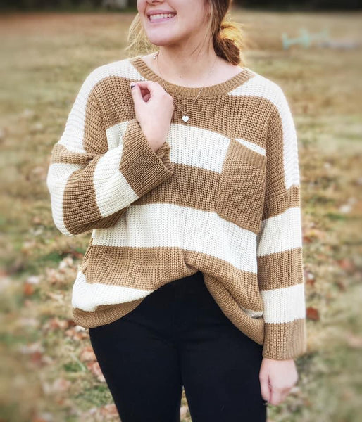 Madison Stripe Taupe Pocket Sweater